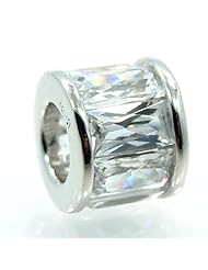 .925 Sterling Silver " Diamond Clear large Cubic Zirconia Round " Charm Bead Compatible with Pandora Chamilia Kay Troll Bracelet