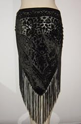Burnout Velvet Triangle Hip Scarf/Shawl with Fringe (Black)
