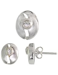 Sterling Silver Matte-finish Cracked Egg Style Earrings (10mm tall) & Pendant Slide (11mm tall) Set, w/ Brilliant Cut CZ Stones
