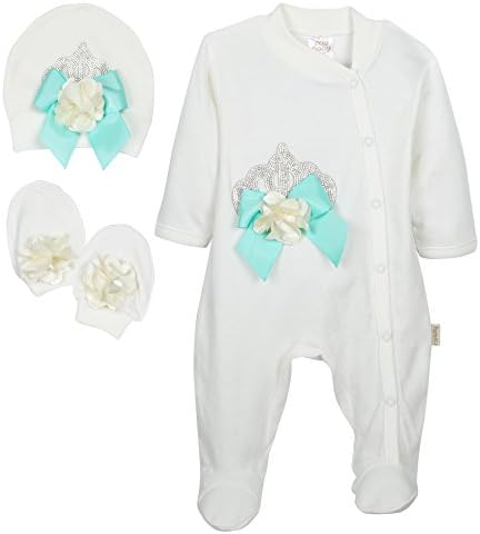 Eda Baby Girl Jeweled Crown Layette 3 Piece Gift Set 0-3M Mint