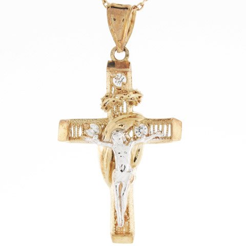 10k 2 Tone Gold Shroud Cross Crucifix Jesus Religious Catholic CZ Charm Pendant