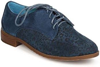 KAYLEEN ED20 Women Leopard Round Toe Classic Lace Up Oxford Flat - Blue (Size: 9.0)