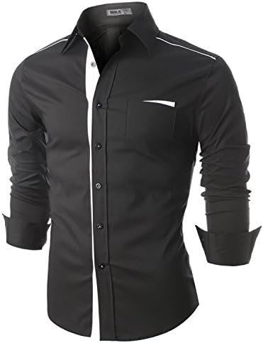 Doublju Mens Casual Shirt with Contrast Neck Band, Blackwhite, L