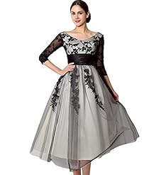 Tulle Long Sleeves Lace-Up Tea Length Evening Dress/Mother-of-the-Bride Dress 