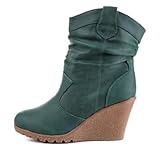 Damen Schuhe, STIEFELETTEN, KEIL WEDGES STIEFEL, 4782-KA, Synthetik in hochwertiger Leder Optik, Grün, Gr 37