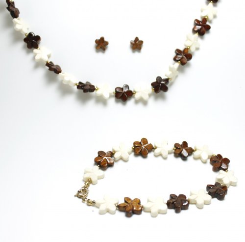 Koa Wood & Bone Plumeria Necklace, Bracelet , Earrings Set