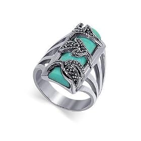 Silver Marcasite Band Reconstituted Turquoise Ring