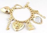 Designer Look Extremely Detailed Chunky Charm Bracelet Gold Tone with Large Heart, Heart Locket,...