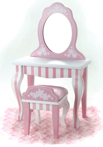 18 Inch Doll Furniture, Doll Vanity for American Girl Dolls & More! Pink and White Doll Vanity Table and Doll Chair Set-image