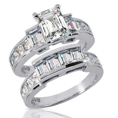 14K White Gold Emerald & Princess Cut Diamond Matching Bridal