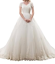 Modest V-neck Satin Natural   Waistline Lace Short Sleeves   Ball Gown  Dress