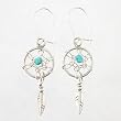 Small Navajo Dream Catcher Earrings with Feather in Sterling Silver and a Turquoise Bead Accent, #8316