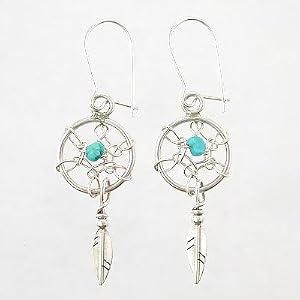 Small Southwestern Style Native American Dangle Dreamcatcher Earrings with Feather in Sterling Silver and Turquoise, #8316