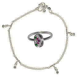 Anklet Toe Ring Pair Silver Jewelry Set for Women 9.75 inches