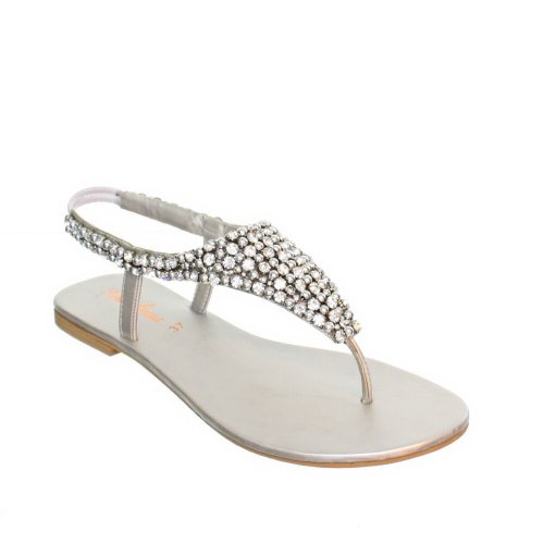 Womens Flat Diamante Silver Party Wedding Sandals SIZE 7