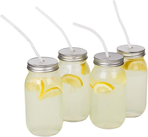 Mason Jar Drinking Glass with Straw and Lid - By Kitchinspirations (24oz. Set of 4)