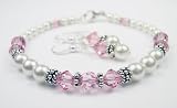 October Birthstone: Rose (Pale Pink Opal or Pink Tourmaline) Birthstone Bracelets and Earring SETS: Swarovski Crystal Beaded Pearl Bracelets in Sterling Silver