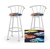 2 Old Muscle Car Hotrod Fabric Specialty / Custom White Barstools with Back ....
