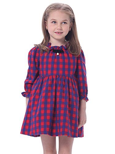 Bonny Billy Girl's Child Ruffled Neck Long Sleeve Plaid Swing Skirt Dress