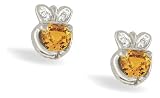 14K White Gold Genuine Heart Citrine and Diamond Celtic Claddagh Earrings