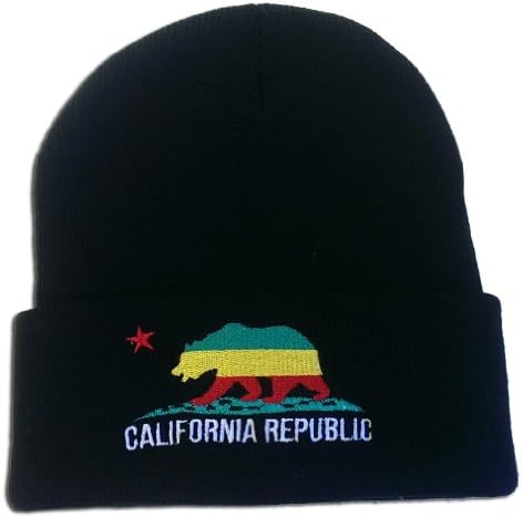 California Republic Embroidered Long Cuff Beanie (Black with Rasta Bear)
