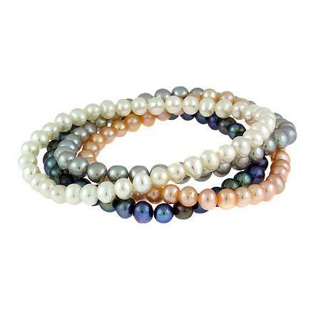 4 Genuine Freshwater Cultured 6mm White, Gray, Pink, and Peacock Pearl Beaded Bead Bracelet Set