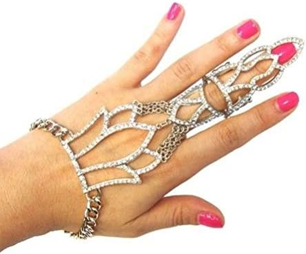 Crystalbella Fashion Trendy Design Iced Out Link Hand Chain Bracelet &amp; Ring Set