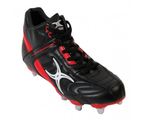 GILBERT Sidestep Barbarian Mid 8 Stud Adult Rugby Boots, Black/Red, US11.5