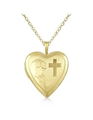 Religious Heart Locket Pendant Necklace With Cross Engraving For Women 14K Yellow Gold Vermele