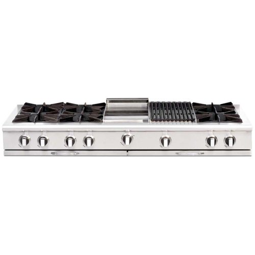 capital 60″ pro-style gas rangetop with 8 open burners, true simmer, 18k btu thermo griddle, cast…