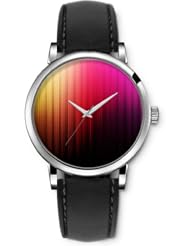 SPRAWL Aanalog Fashion Series Silver Ladies Watches of Genuine Black Leather Strap,Unique Wrist Watch for Women Girls Designed with Colorful vertical bars