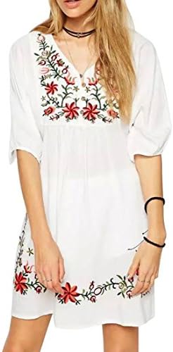 Azbro Women's Embroidery Floral Peasant Dress
