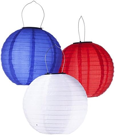 Pack of 3 Solar Powered Waterproof Oriental LED Light Up Chinese Lanterns Red, White &amp; Blue-no Batteries or Plug Needed