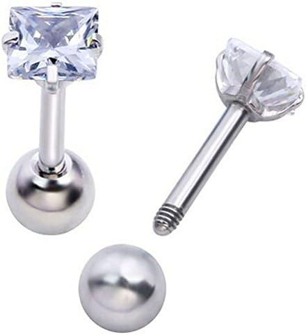 Pair of 16g Stainless Steel 7mm Clear Square Cubic Zirconia Helix Cartilage Tragus Ear Lobe Barbell Stud Earrings (7mm Square Clear)