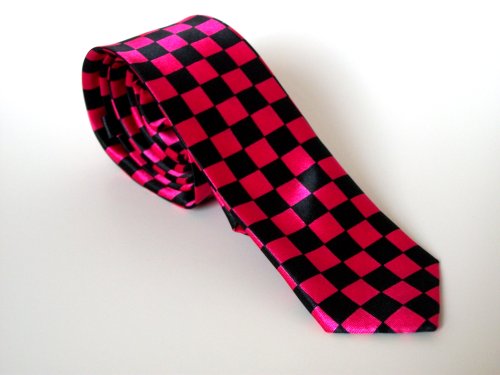 Thin Necktie Skinny Necktie Narrow Tie (dark pink and black checkers)