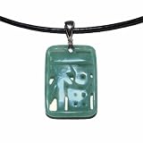 Sterling Silver Green Jade Rectangular Good Luck Chinese Character Pendant on Leather Cord, 18