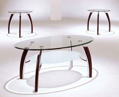 Modern Style 3 Piece Glass Top Coffee Table Set Wood And Chrome - Coffee Table & 2 End Tables