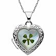 Four leaf clover Mother of Pearl Heart Shaped Locket with Silver Chain Necklace
