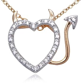 18k Yellow Gold Overlay Sterling Silver Diamond Devil Heart Pendant, 18"