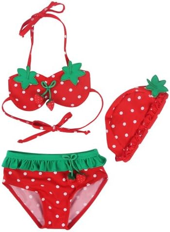 Egelbel Cute Strawberry Polka Dot 3 Pieces Bikini Set Swimwear