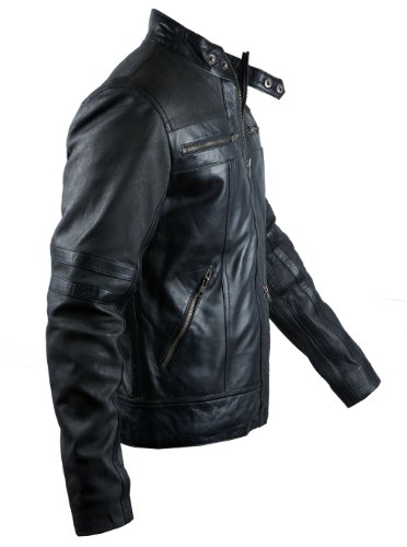 FactoryExtreme Neptune Mens Black Biker Leather Jacket, XXX-Large, Black
