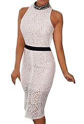 Spring Summer Winter Sleeveless Beaded Lace Polyester/Spandex Midi Dress 