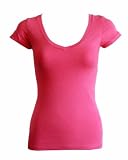 Ladies Dark Pink Plain T-Shirt Round V-Neck Cap Sleeves, Cotton Spandex