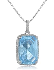Sterling Silver Concave Cut Sky Blue Topaz and Diamond Cushion Pendant Necklace, 18"