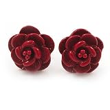 Tiny Red 'Rose' Stud Earrings In Silver Tone Metal - 10mm Diameter
