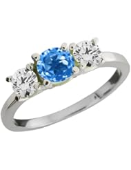 1.10 Ct Round Swiss Blue Topaz and White Diamond 18k White Gold Ring