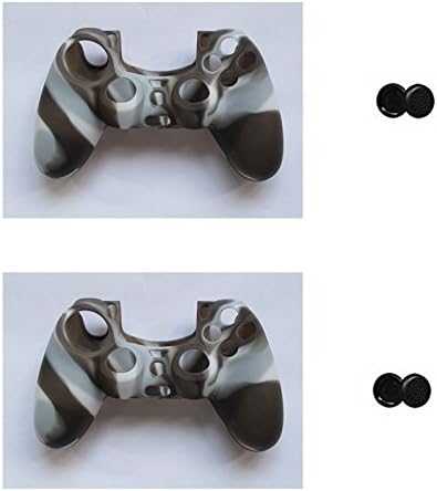 Camouflage 2 in 1 New High Quatity Silicone Cover Case Skin for Playstation 4 / Ps4 Controller （Controllers Skin X 2 + Thumb Grip X 4 ) (White gray)