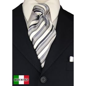Woven Silk Mens Necktie + Pocket Square Hand Made in Italy By Valenti Ties and Hanky Set Grey White Stripe