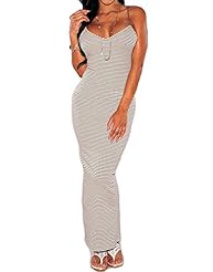 Sexy Striped Print Summer Polyester/Spandex Ankle Length Open-Back Sleeveless Bandage Dress/Club Dress/Party Dress/Maxi Dress 