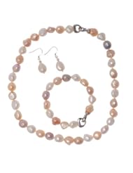 Saint Christine Freshwater Cultured Pearl Set Pink Long Necklace And Earrings, Necklace Length: (62.5Cm)24.61", Earrings Diameter: (1Cm)0.39", Length: (3Cm)1.18"